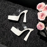 Black White Chunky Platform Slippers Women Street Sexy Square Toe Super High Heels Transparent Shoes Sandals Zapatos Mujer