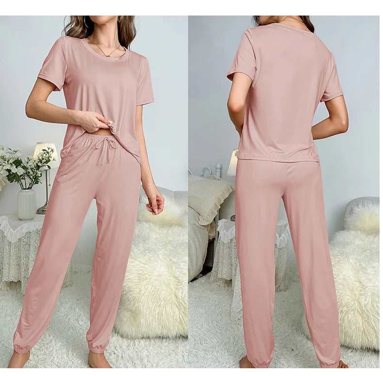 Women's Sleepwear Spring and Summer New Pajamas Women's Short-sleeved Trousers Set Classic Solid Color Casual Loungewear