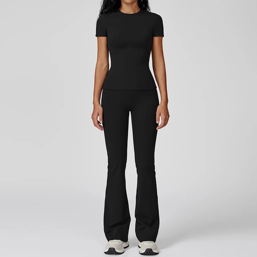 New Yoga Set Two Piece Women Short Sleeve Top with High Waist Leggings Seamless Workout Clothes Patchwork Sport Fitness Gym Sets