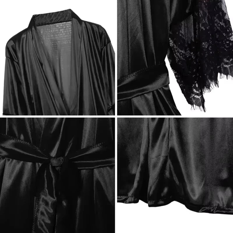 Women Lace Night Gown Robe with Floral Bathrobe Halt Sleeve Nightdress Female French Sexy Silky Satin Sleepwear