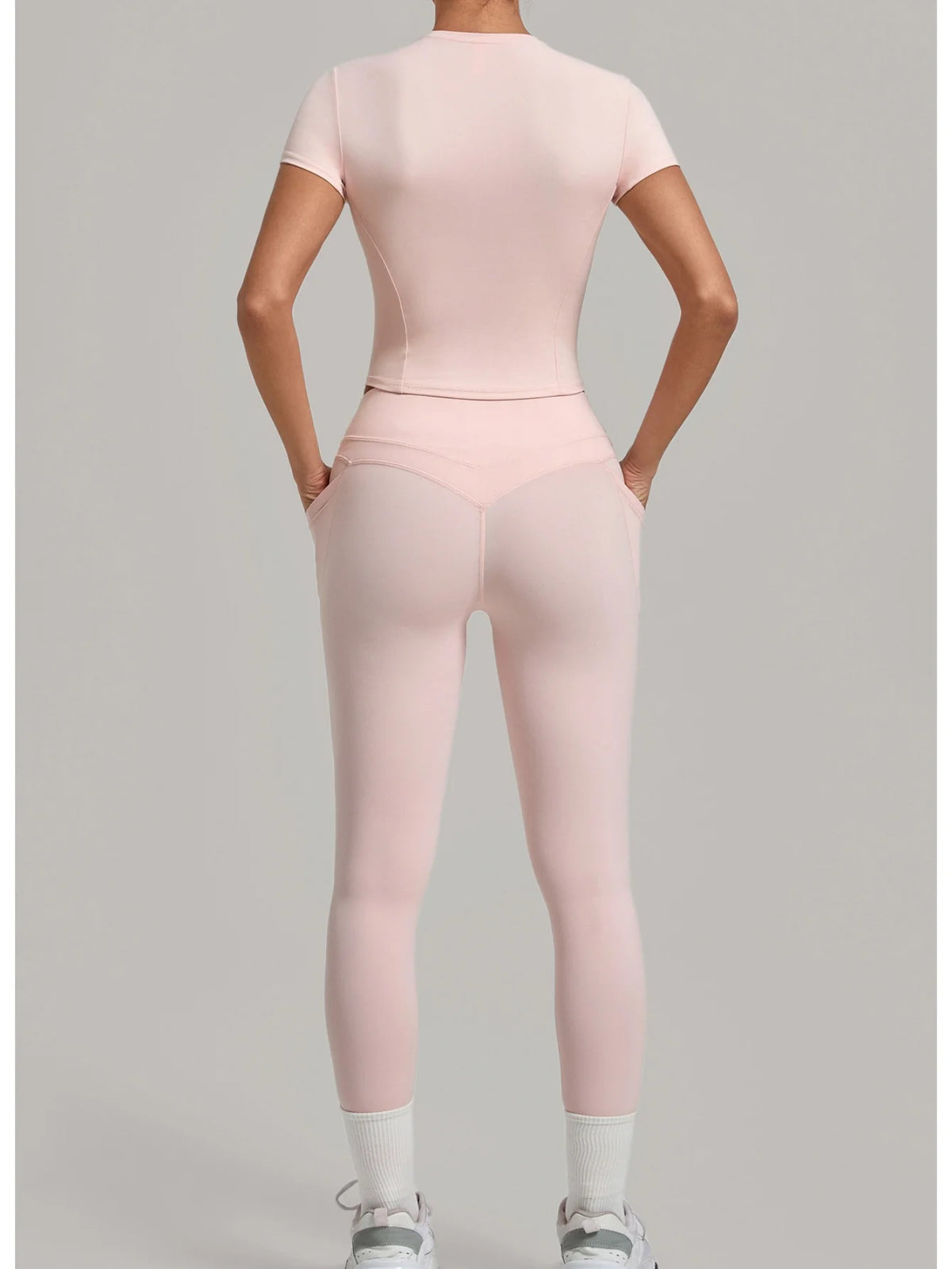 Women Tracksuit Yoga Sets Short Sleeve Slim Sports T Shirts Workout Clothes Outdoor Tight High Waist Pocket Pants Fitness Suits