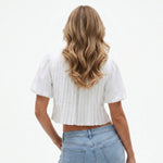 Summer Women's Ruched White Shirts Solid Color Bubble Short Sleeve Button Down Tops Casual Fashion Blouse