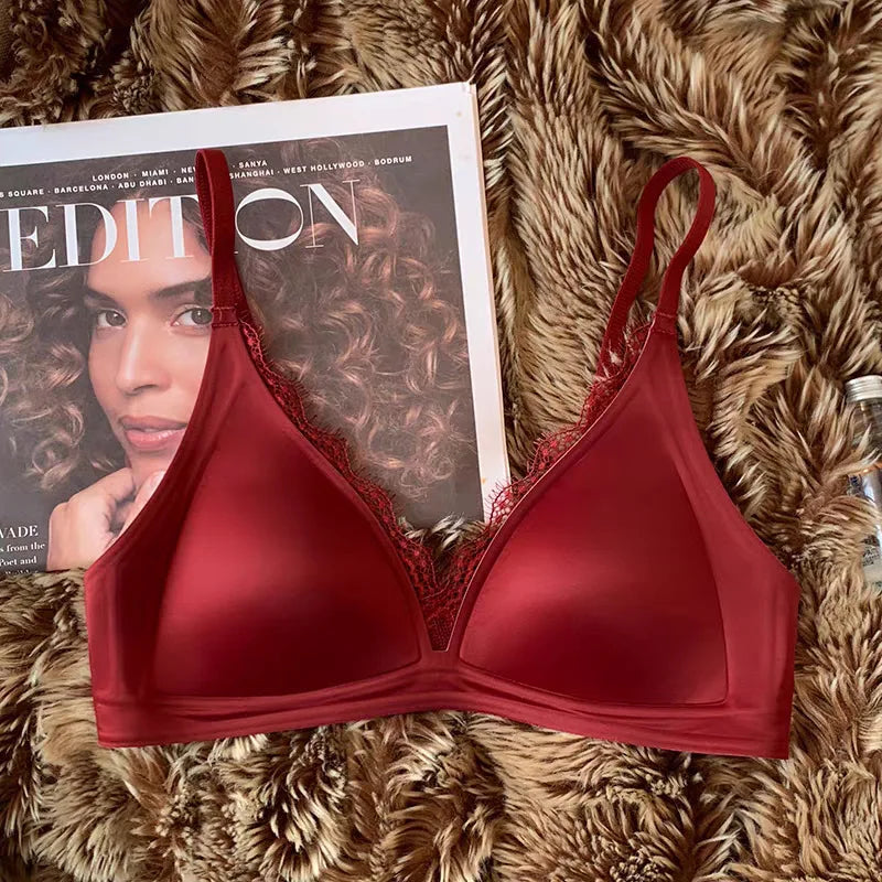 Glossy Satin Seamless Underwear Everyday BraWomen's Deep V-neck Thin Shoulder Strap Thin Bra for Women Bralette