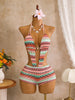 Bohemia Pink Knitted Striped Swimwear 2026 Women Metal Circle Patchwork Hollow Backless Beach Bathing Suit One Piece Swimsuit