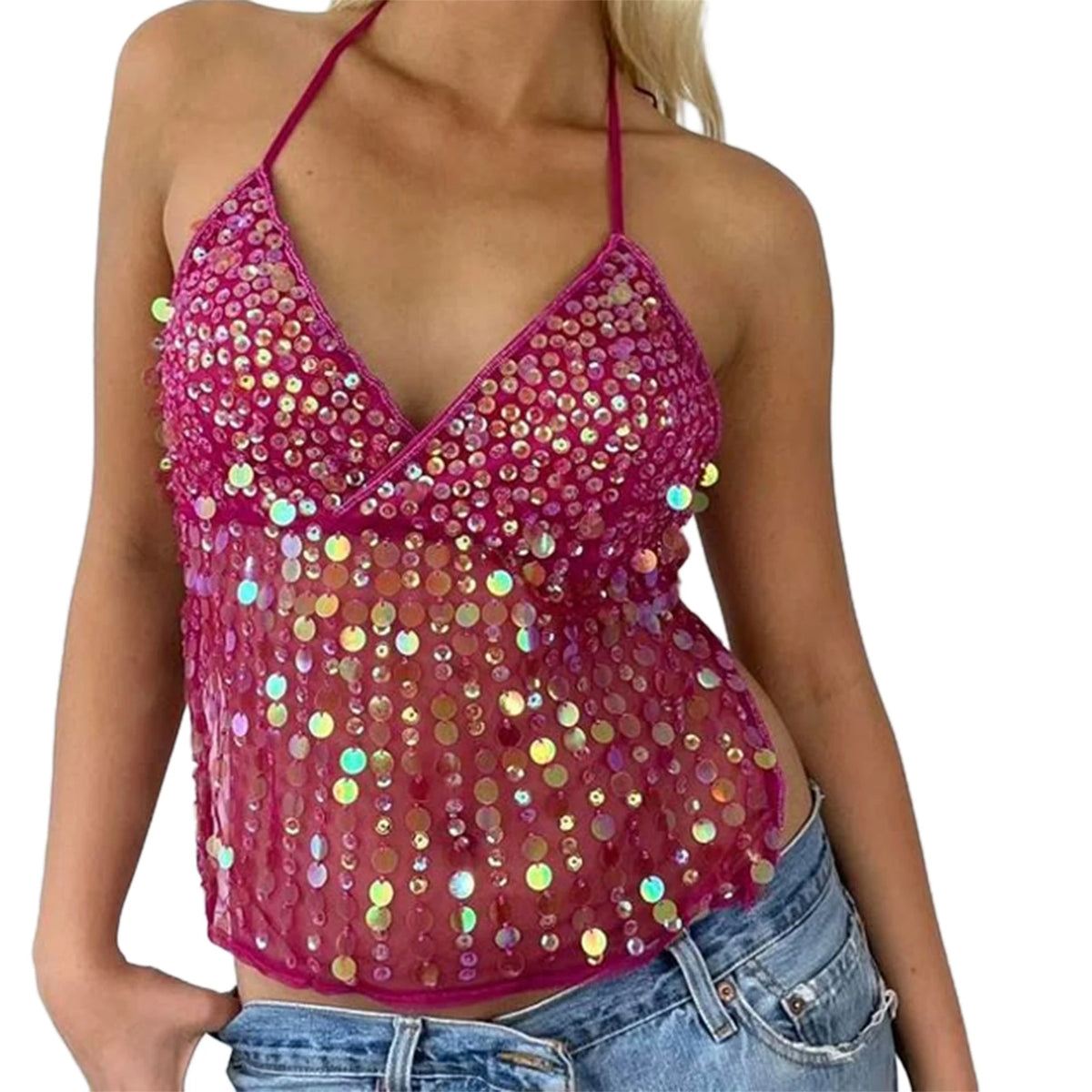 Women's Halter Neck Vest Summer Sleeveless Open Back Slim Fit Tie Up Sequins Tank Tops
