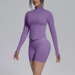 Women's Seamless Yoga Sets Sports Fitness Gym Zipper Long-Sleeve Jacket Hip Lift High-Waist Shorts Suits Workout Training Sets