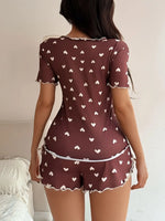 Women's Sleepwear Pajama Set Top and Shorts 2-piece Pajama Set Love Printed Lapel Bow Women's Loungewear