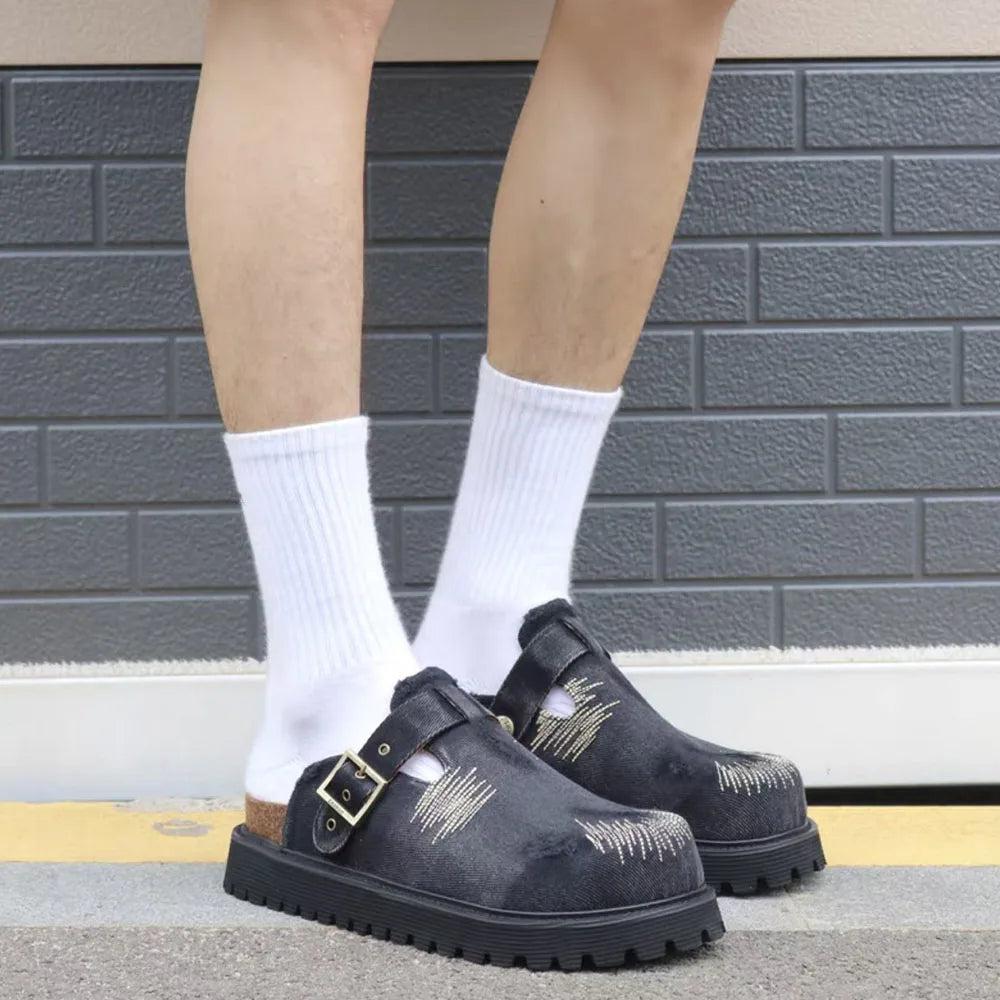2025 Brand New Big Size 45 Denim Leisure Mules Shoes Women Trendy Comfy Walk Casual Clogs Flats Outdoor Slipper Men Slides