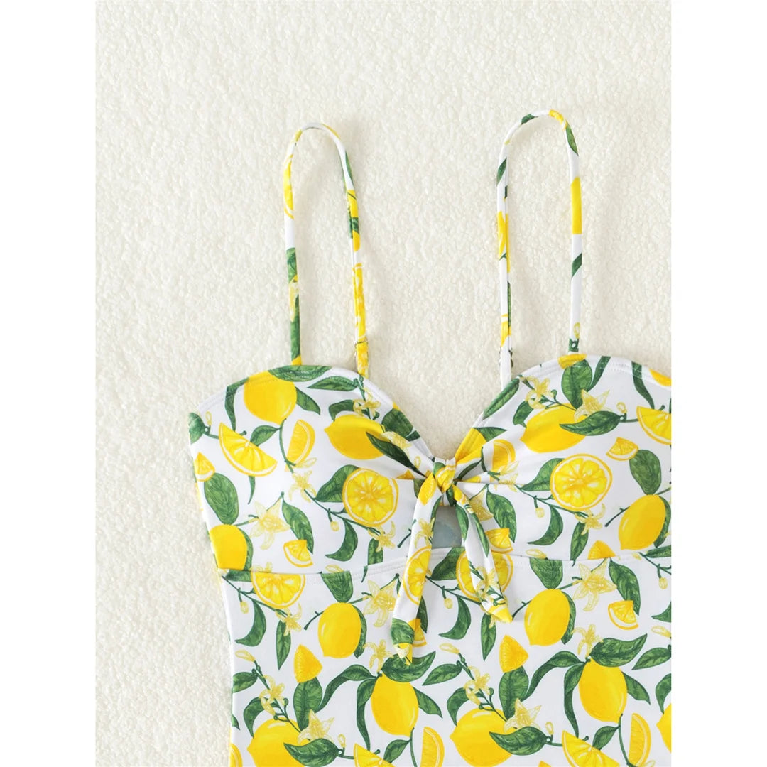 2026 New Lemon Printed Knotted One Piece Swimsuit Women Swimwear Female Monokini High Leg Cut Bather Bathing Suit Swim K6093