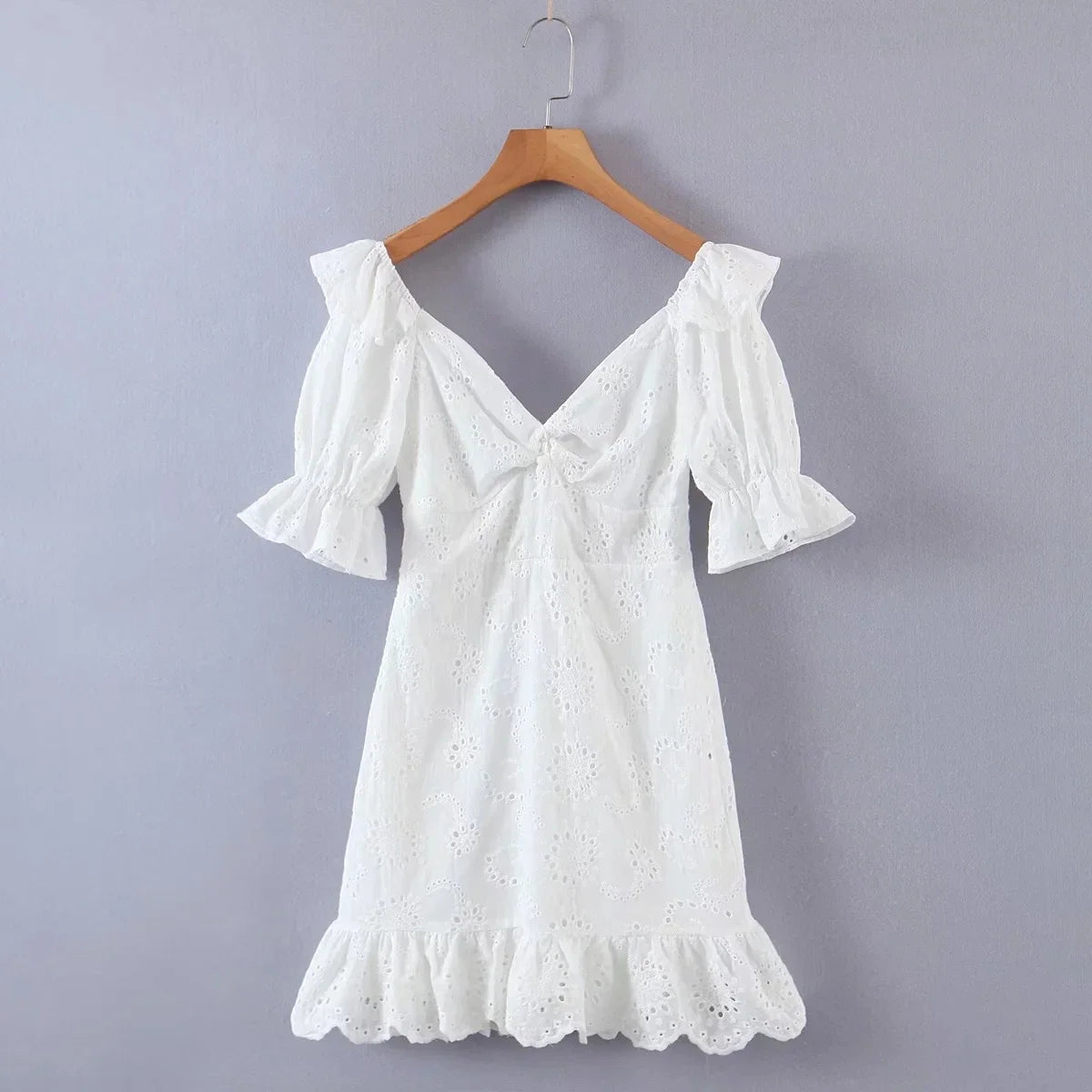 Foridol Ruffles Puff Sleeve White Lace Dress Flower Embriodery Hollow Out Cotton Beach Dress Women Backless Party Mini Dress