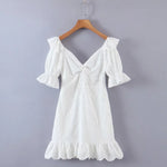 Foridol Ruffles Puff Sleeve White Lace Dress Flower Embriodery Hollow Out Cotton Beach Dress Women Backless Party Mini Dress