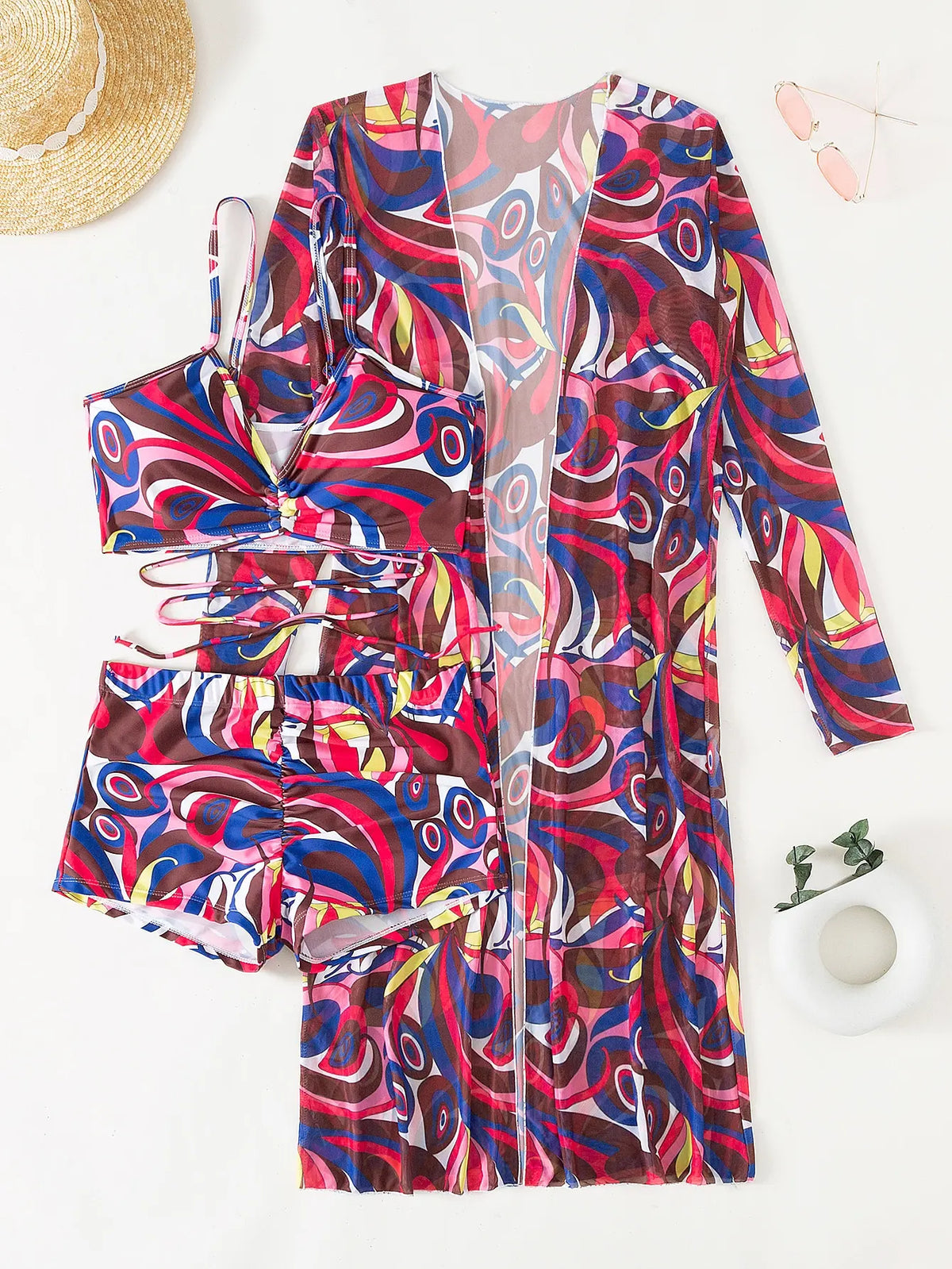 3 Pieces Sexy Print Bikini 2026 Women High Waist Swimsuit & Kimono Swimwear Female Lady Bathing Suit Swimming Summer Beachwear