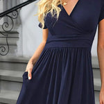 Women Dress Short Sleeve V-Neck Flowy Dress Casual Pleated A-line Swing Dress with Pockets Summer Beach Sundress