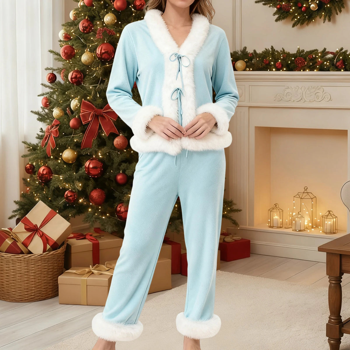 Womens Fall Winter2 Pieces Pajamas Set Bow Tie Front Furry Trim V Neck Long Sleeve Tops and Pants Christmas Lounge Wear