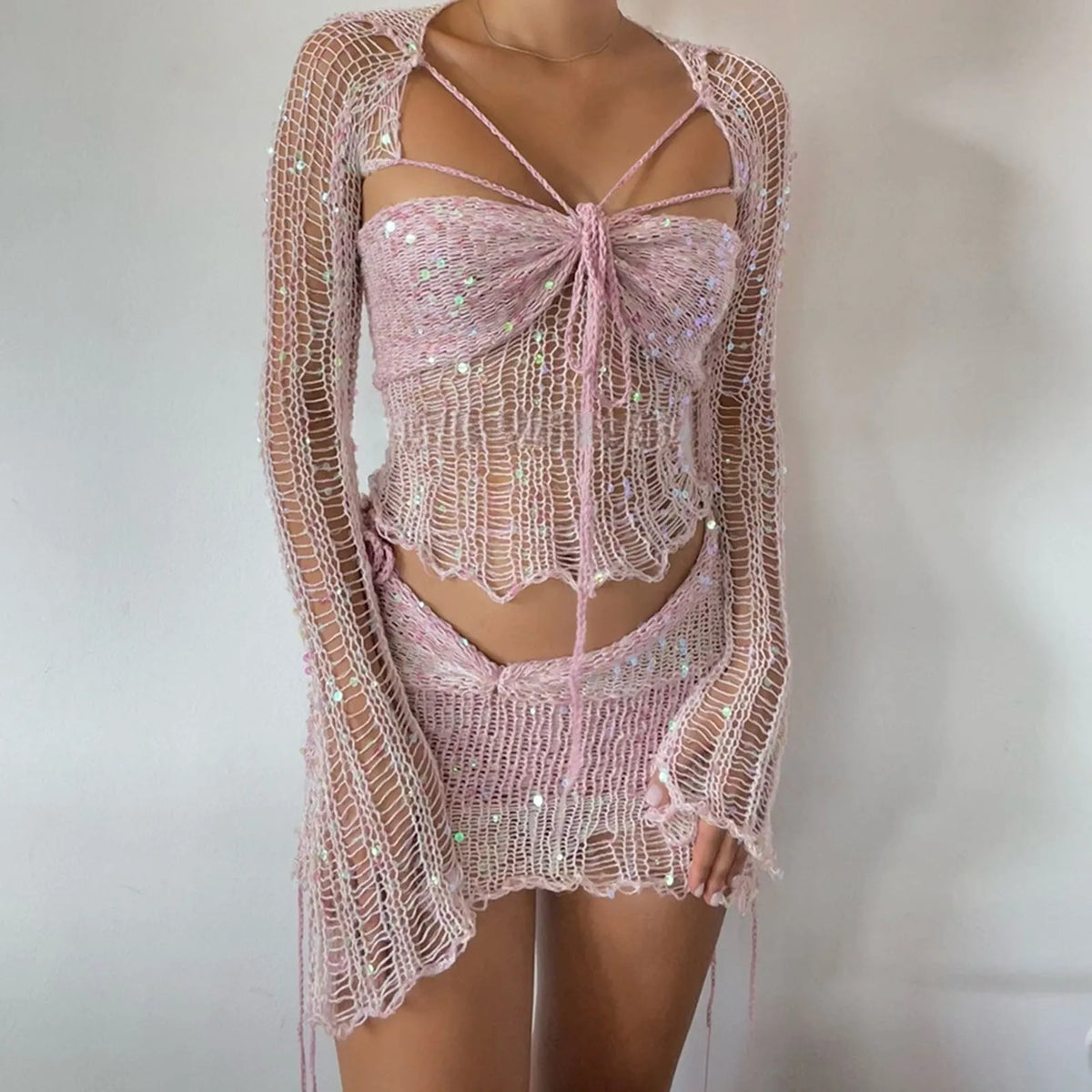 Glitter Sequins Knitted Skirt Sets Women Fashion Hollow Sequins Bandage Tube Top Mini Skirts 3 Piece Outfit Vacation Clothing