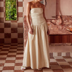 Elegant Strapless Maxi Tube Dress Women Ruched Long Sundress Boat Neck Sleeveless Strapless Flowy Dresses Party Clubwear