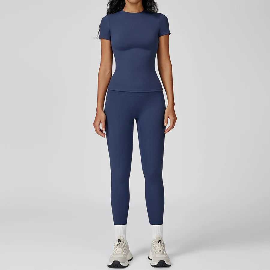 New Yoga Set Two Piece Women Short Sleeve Top with High Waist Leggings Seamless Workout Clothes Patchwork Sport Fitness Gym Sets