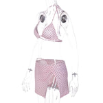 FDYOUI Women's Polka Dot Print Pink Swimsuit Lace-up Bras Panties Split Skirts 3 Pieces Bikinis Sets Bathing Suit Beach Swimwear