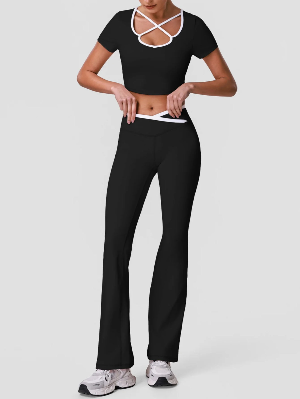 Summer Quick Drying Yoga Sets Women Black Patchwork Short Sleeve Cross Neck Sports Top High Waist Flared Pants Fitness Suits