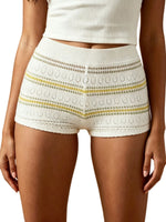 Summer Women's Knit Mini Shorts Elastic Waist Skinny Striped Print Micro Shorts Casual Daily Club Short Pants Beach Cover-ups