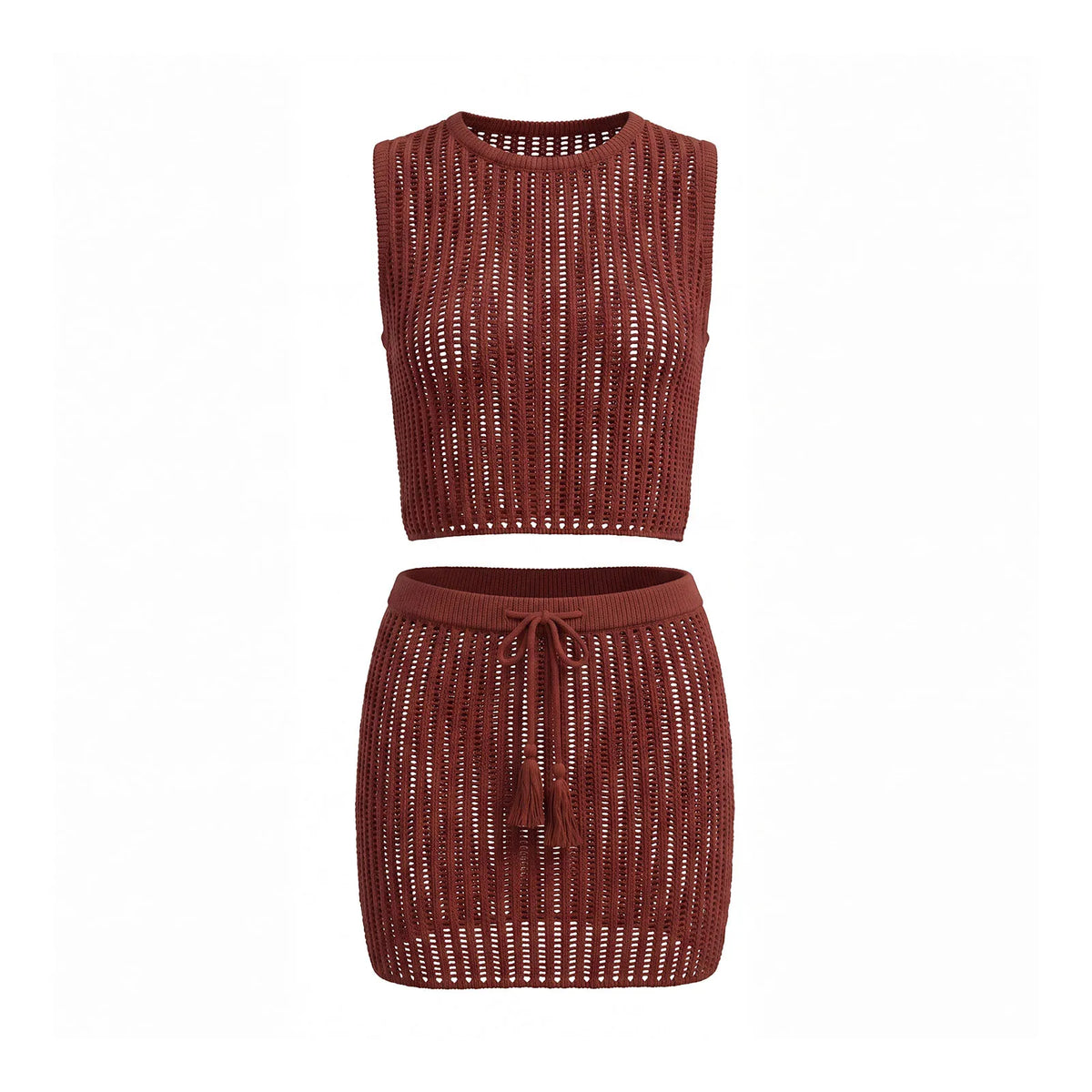 Women Hollow Out Knit Cover-ups Outfit See Through Tank Tops and Drawstring Mini Skirt 2 Piece Sets Daily Casual Beach Summer
