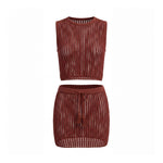 Women Hollow Out Knit Cover-ups Outfit See Through Tank Tops and Drawstring Mini Skirt 2 Piece Sets Daily Casual Beach Summer
