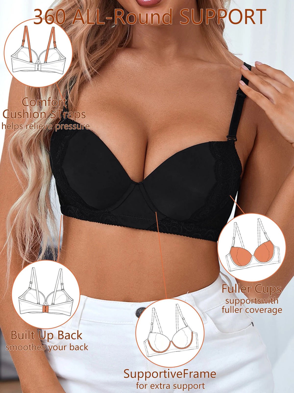 Women Push‑Up Lace Bra Full Side Support Smooth Back Fat Adjustable Strap Gathering Ladies Underwear Bra B6084