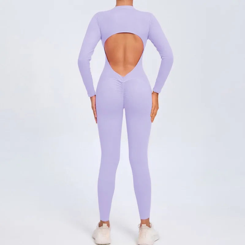 Women's Seamless Yoga Bodysuit Long Sleeve Zipper & Back Cutout Naked Feeling Quick-Dry Running Fitness Workout Jumpsuit