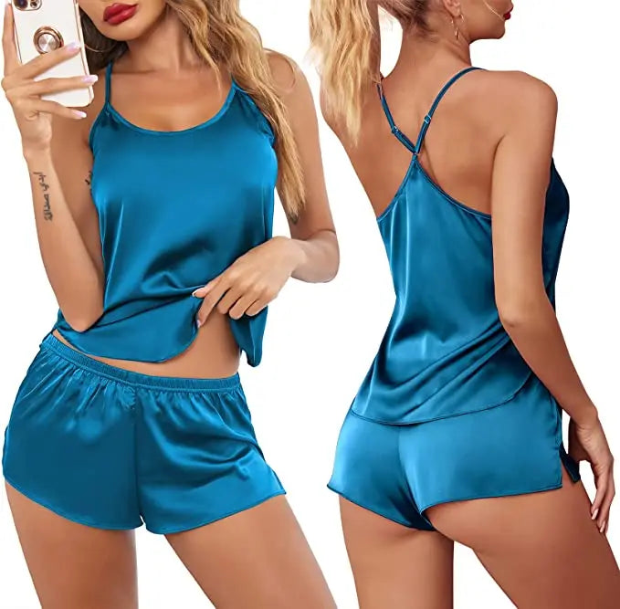 Summer New Ice Silk Spaghetti Strap Sexy Women Pajamas Pure Color Thin Section Fashion Sleepwear