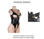 Black PU Leather Mesh Bodysuit for Women Hollow Out Open Crotch Teddy Lingerie Push Up One Piece Jumpsuit Underwear as Outerwear