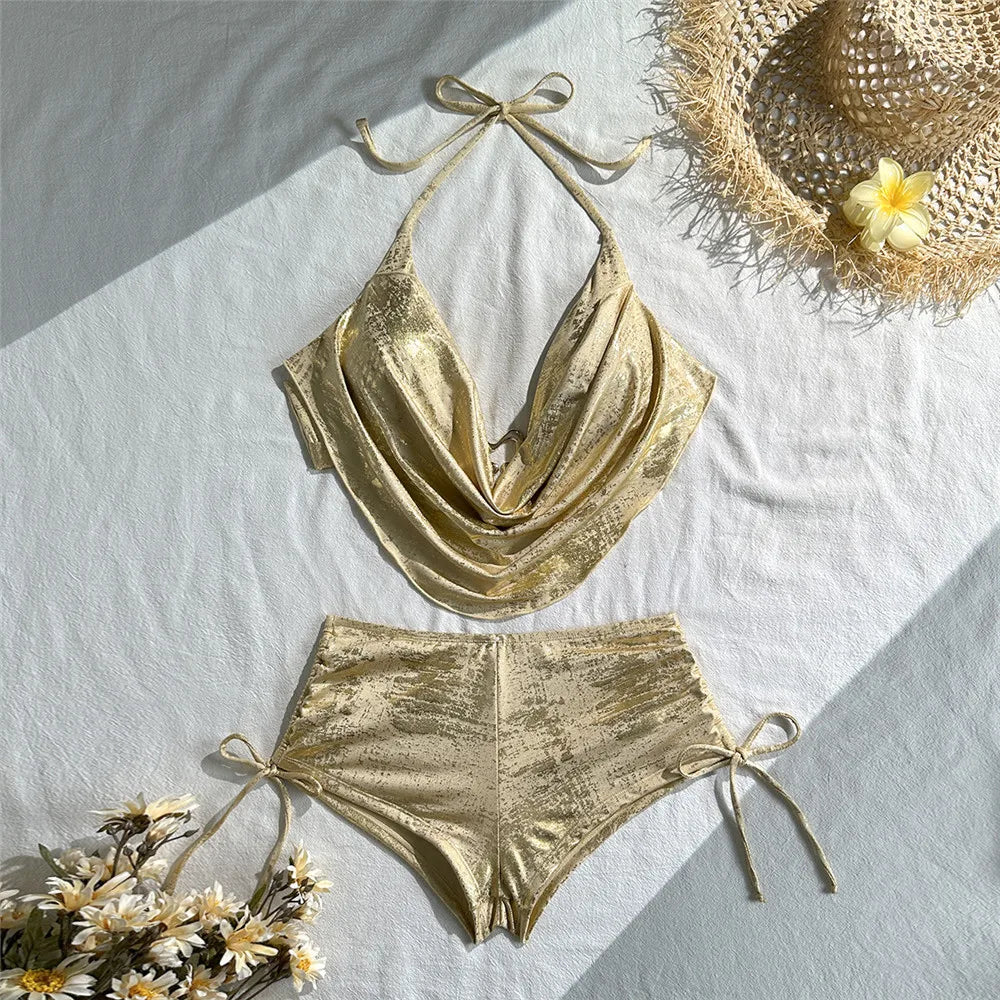 Gold Shiny String Halter Sexy Bikini 2026 Woman Bottom Shorts Swimsuit Metal Ring Holiday Swimwears Bathing Suit Bikinis Sets