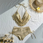 Gold Shiny String Halter Sexy Bikini 2026 Woman Bottom Shorts Swimsuit Metal Ring Holiday Swimwears Bathing Suit Bikinis Sets