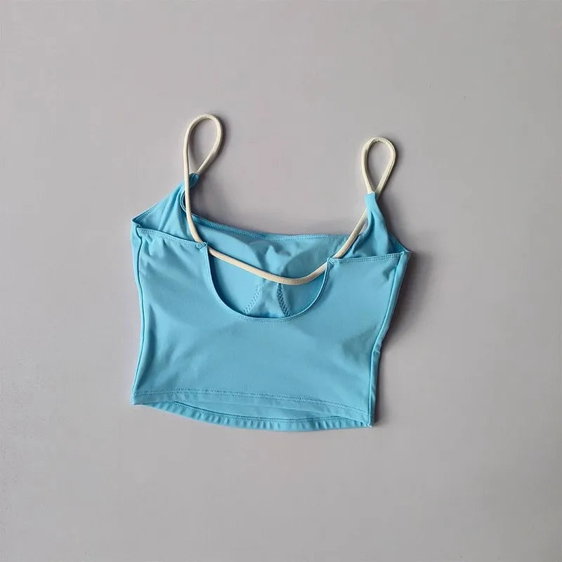 Women's Sexy Backless Yoga Sports Vest Fixed One-Piece Cup Contrast Suspender Beautiful Back Fitness Bra for Active Wear