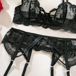 Embroidery Lingerie 3Pcs Sets Ultrathin Mesh Patchwork See Through Bras And Thongs Garter Suits Erotic Intimate Sexy Underwear