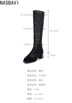 Fashion Women Knee High Boots Square Heel Zipper Sexy Lace Mesh Boots Spring Cool Boots Breathable Women's Shoes Botas De Mujer