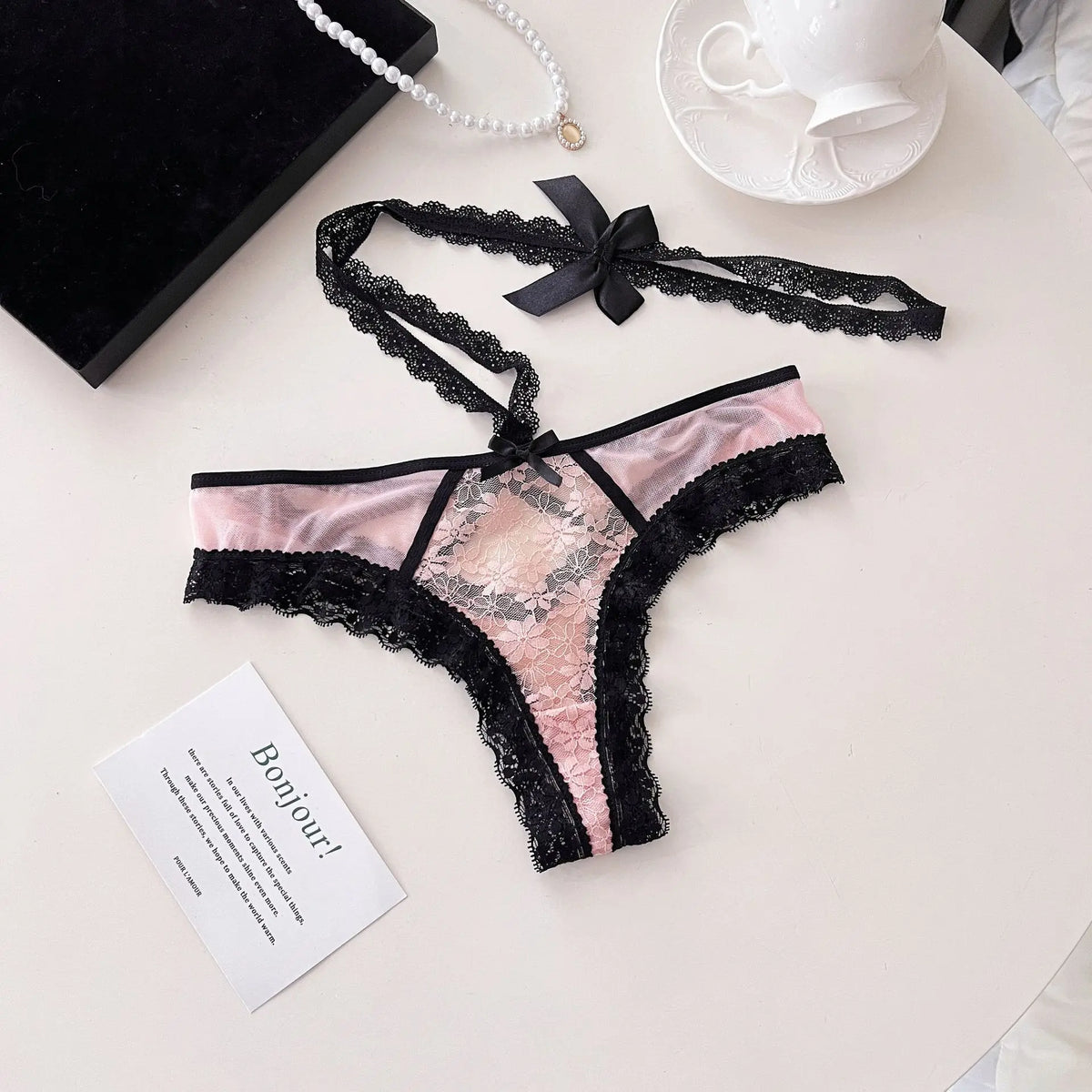 Hanging Neck Detachable Sexy Lace Women's Underpants Sweet Bow Hollow Out Mesh Panties Metal Ring Cotton Crotch Briefs Lingerie