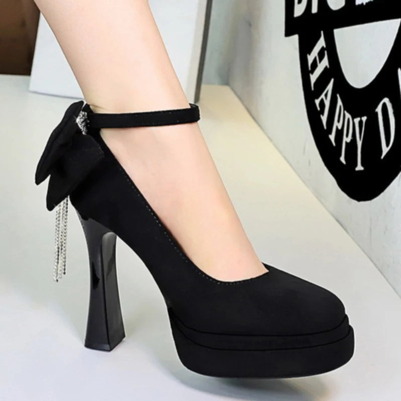 BIGTREE Women's Pointed Toe High Heels Back Bowknot Elegant Flock Ankle Strap Pumps for Women Black Dress Shoe Wedding Party