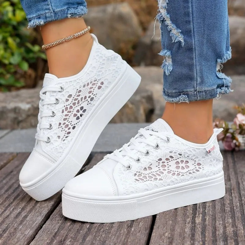 Fashion Women Shoes 2026 Fashion Summer Casual White Shoes Cutouts Lace Hollow Breathable Platform Flat Shoes Woman Sneakers
