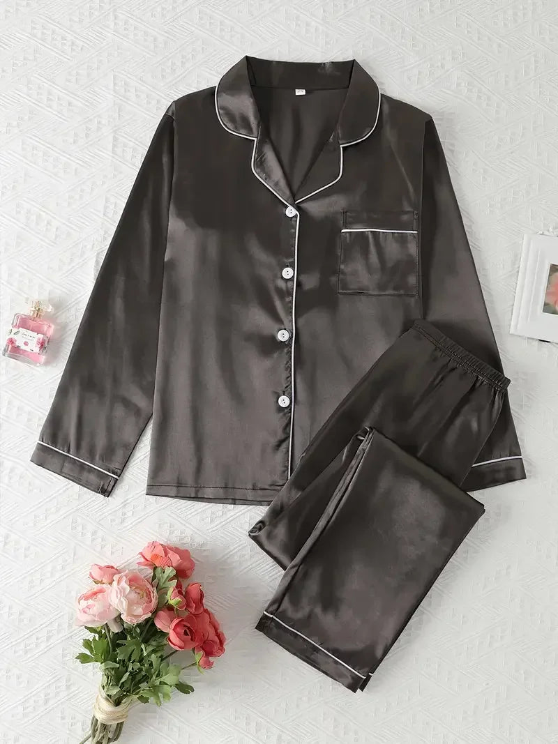 Women Autumn Winter Silk Pajamas Set Casual Soft Breathable and Relaxed Fit Long Shirt Tops and Long Pants Sleepwear