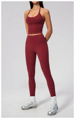 Women Tracksuit 2PCS Seamless Yoga Sets Hanging V Neck Slim Sports Tank Top Fitness Outfits Gym Running High Waist Leggings Suit