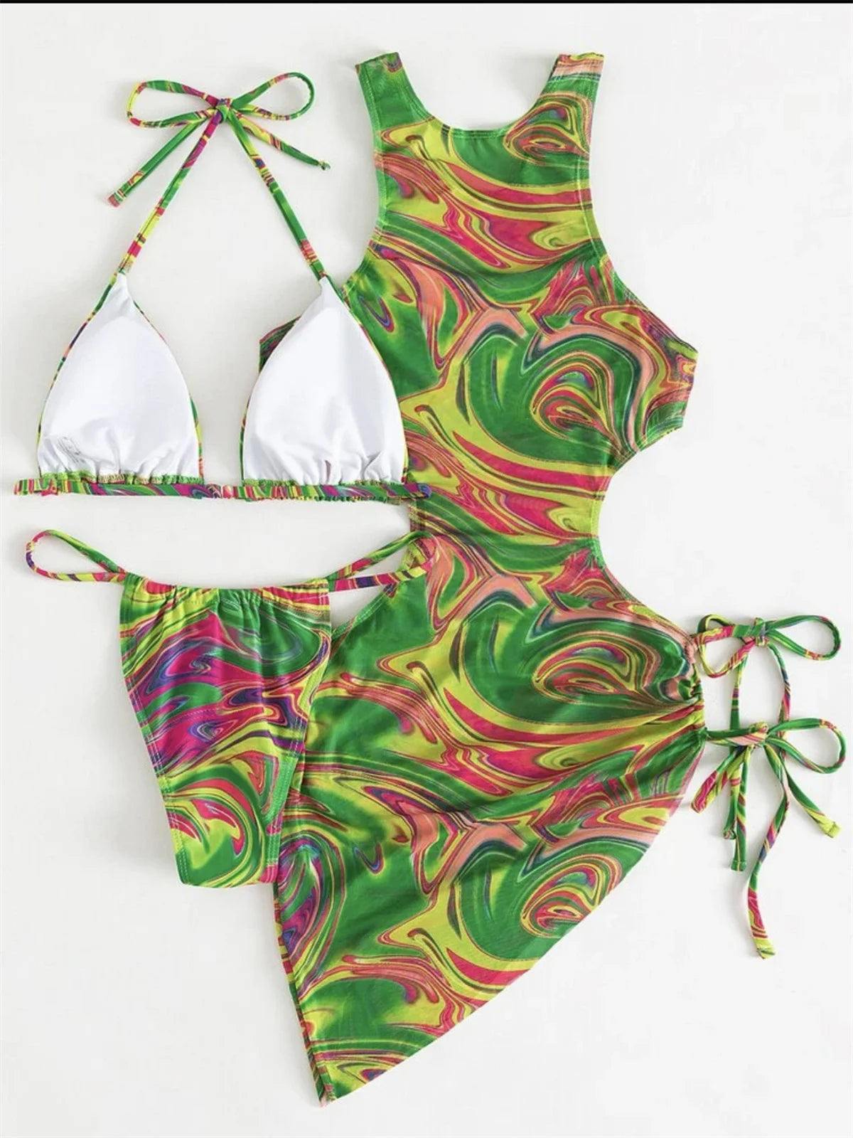 Dress Bikini 2025 Women Sexy High Neck Cut Out Mesh Cover Up Pleate Swimsuit Orange Gradient Bathing Suit Beach 3 Piece Swimwear