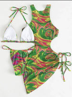Dress Bikini 2025 Women Sexy High Neck Cut Out Mesh Cover Up Pleate Swimsuit Orange Gradient Bathing Suit Beach 3 Piece Swimwear