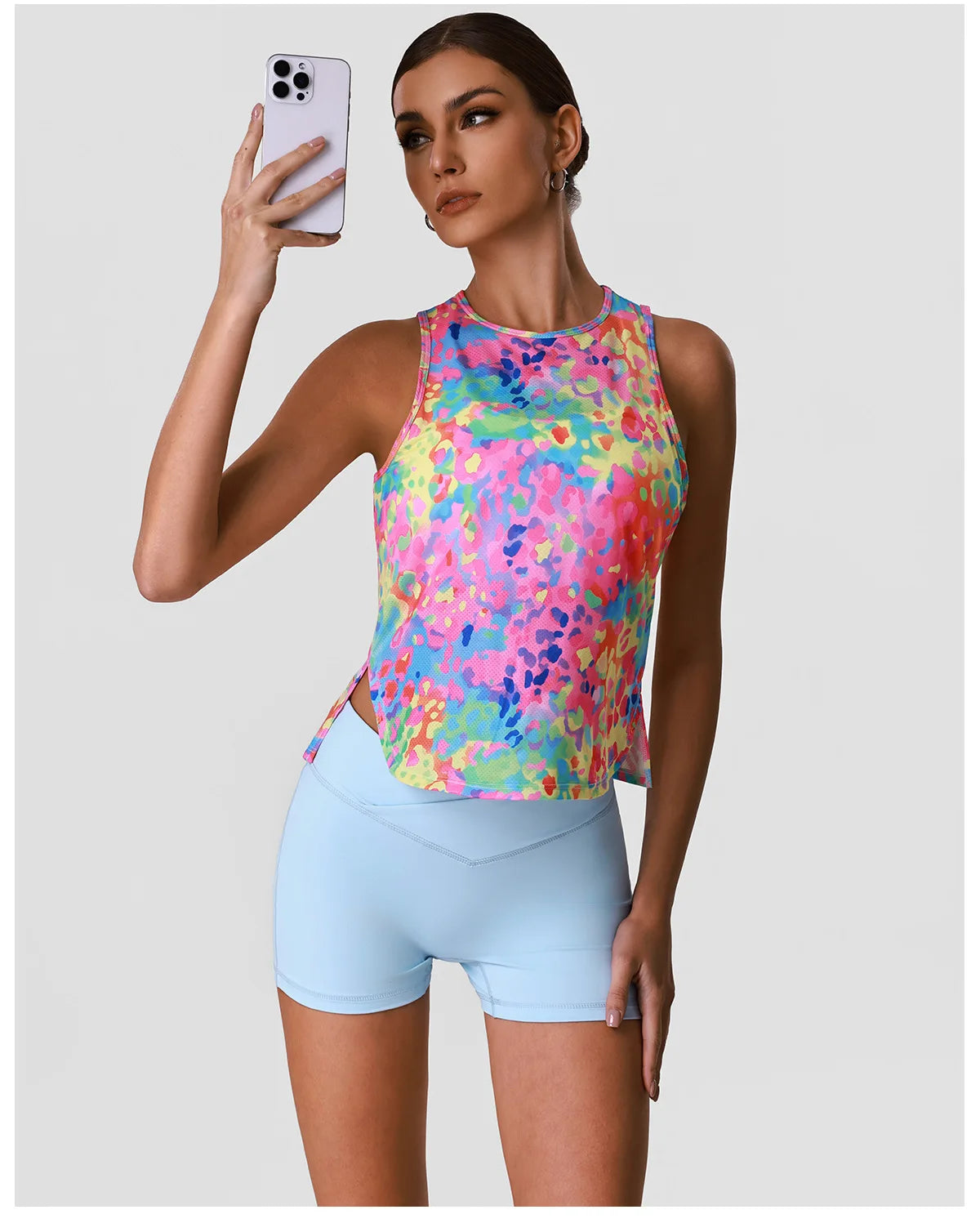 Sports Training Fitness Set Women Summer Ice Tie Dye Gradient Floral T Shirts High Elasticity Hip Lifting Shorts Yoga Sets