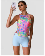 Sports Training Fitness Set Women Summer Ice Tie Dye Gradient Floral T Shirts High Elasticity Hip Lifting Shorts Yoga Sets