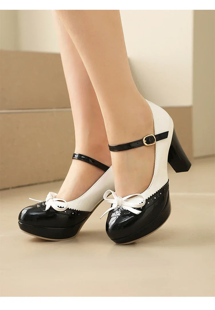 Plus Size Crossed Thin Ribbon Bow Shallow High-Heeled Shoes Patent Leather Splicing White PU Sweet Lolita Style Pumps