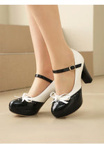 Plus Size Crossed Thin Ribbon Bow Shallow High-Heeled Shoes Patent Leather Splicing White PU Sweet Lolita Style Pumps