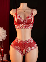 Contrast Color Lace Sexy Lingerie, Semi Transparent Open Chest Bra & Crotchless Pantt Sets, Perfect For Romantic Scenes Outfits