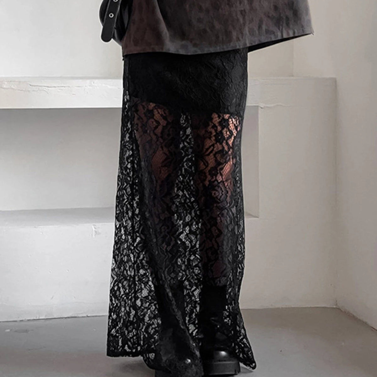 Women's Summer Lace Long Skirts Elegant Low Waist Solid Color See-Through Midi Skirts Slim Fit Skirts