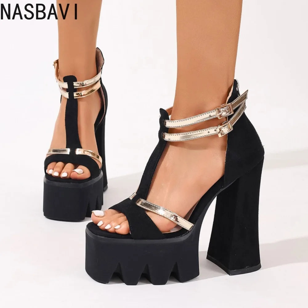Women's Flock Suede Leather T-Strap Platform Sandals Chunky High Heels Elegant Sandals Sexy Party Shoes Rose red England 34-43