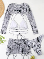 Long Sleeve Printed Halter Bikini Female Swimsuit Women Swimwear Four-pieces Bikini Set with Mesh Skirt Bathing Suit Beach Wear